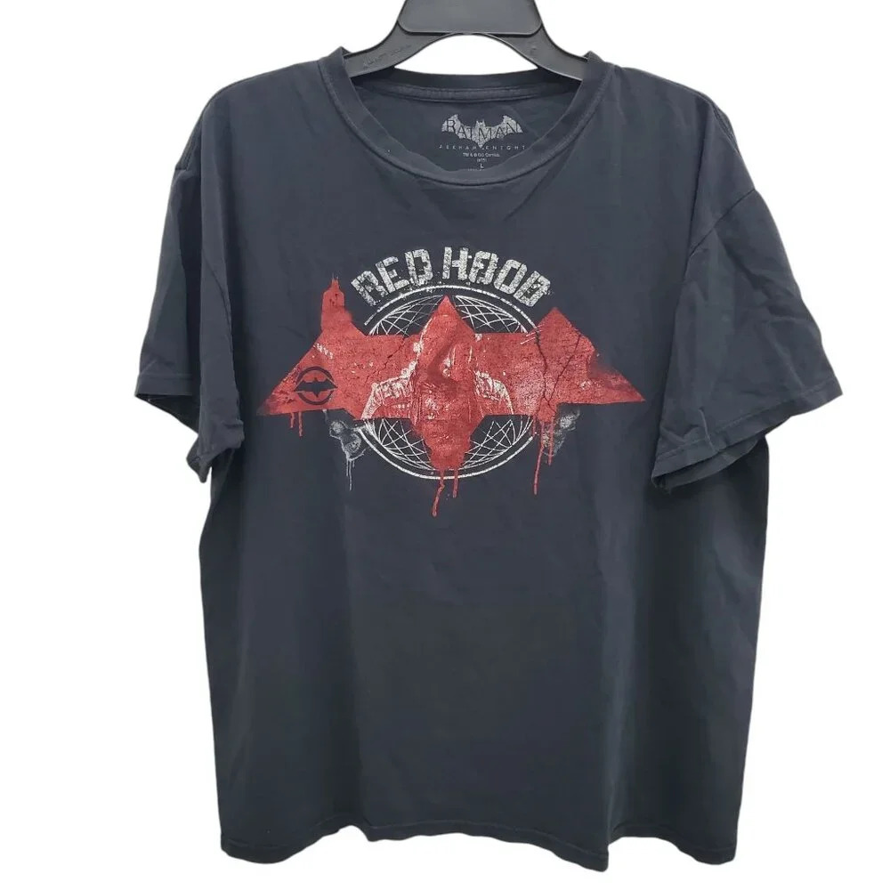 DC Batman Arkham Knight Men's Black Red Hood‎ Trashed Worn Graphic Gamer Tee L